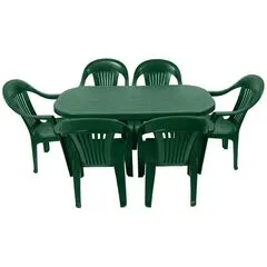 Set mobilier gradina DacEnergy©, fabricat din polipropilena, masa ovala si sase scaune, rezistent la umiditate si UV, 140 x 70 x 70 cm, verde, Numar persoane	: 6, Culoare: Verde-Dacenergy.ro
