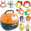 Set jucarii senzoriale si zornaitoare , pentru bebelusi fete si baieti, cutie frumoasa in forma de ursulet vesel, 10 buc, 0-12 luni, colorate, distractive-Dacenergy.ro