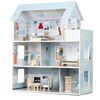 ​Casuta de papusi , din lemn si placa MDF, cu 3 etaje, 11 piese de mobilier, dus, dulap, lampa, fotoliu, 5 camere si terasa, aranjamente interesante, 70 x 60 x 24 cm, albastru, Culoare: Albastru-Dacenergy.ro