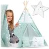 ​Cort de joaca pentru copii , cadru din lemn, forma de cort indian, 3 perne, un covor izolant gros, cu lumini, 120x120x165 cm, menta cu stele, Culoare: Alb, Verde menta-poza 2-Dacenergy.ro