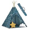 ​Cort de joaca pentru copii , cadru din lemn, forma de cort indian, 2 perne, un covor izolant gros, cu lumini, 120x120x165 cm, albastru, Culoare: Albastru-poza 2-Dacenergy.ro