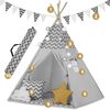​Cort de joaca pentru copii , cadru din lemn, forma de cort indian, 3 perne, un covor izolant gros, cu lumini, cu ghirlande, 120x120x165 cm, gri, Culoare: Gri, Negru-poza 4-Dacenergy.ro
