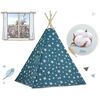 ​Cort de joaca pentru copii , cadru din lemn, forma de cort indian, 2 perne, un covor izolant gros, cu lumini, 120x120x165 cm, albastru, Culoare: Albastru-poza 5-Dacenergy.ro
