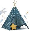 ​Cort de joaca pentru copii , cadru din lemn, forma de cort indian, 2 perne, un covor izolant gros, cu lumini, 120x120x165 cm, albastru, Culoare: Albastru-poza 6-Dacenergy.ro