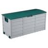 ​Cutie de depozitare pentru gradina DacEnergy©, fabricata din plastic, capac cu balamale, rezistent la intemperii si la radiatii UV, 300 l, 112 x 49 x 54 cm, gri si verde-Dacenergy.ro