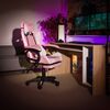 Scaun gaming DacEnergy©, structura din metal si plastic, tapitat cu imitatie piele, cu iluminare LED RGB, inaltimea si spatarul reglabil, cotiere tapitate, 65x65x114-124 cm, roz si alb-poza 5-Dacenergy.ro