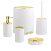 Set accesorii baie, realizat din plastic, cos gunoi, perie WC, dozator sapun lichid, pahar baie pentru igiena personala si sapuniera, culoarea alb si auriu-Dacenergy.ro