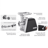 Masina de tocat carne, electrica, Paxton, 1500 W, 1 treapta de putere, 3 site pentru tocare, functie Reverse, accesorii pentru carnati si kebbe, suc de rosii, 4 accesorii pentru razuire, negru si argintiu-poza 6-Dacenergy.ro