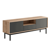 Comoda TV DacEnergy©, realizat din PAL melaminat, lemn masiv si canturi ABS, finisaj stejar jackson hickory si grafit, usile cu sistem tactil PUSH UP, 154x57x39 cm-Dacenergy.ro