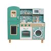 Set bucatarie copii DacEnergy©, realizata din MDF, cuptor cu microunde, aparat de cafea, aragaz, cuptor, oale, tigaie si ustensile incluse, masina de spalat, tabla cu creta, verde turcoaz, Culoare: Verde turcoaz-Dacenergy.ro