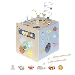 Cub de activitate DacEnergy©, cu 5 activitati, joc de pescuit, forme geometrice, labirint, tema oceanului, dexteritatea, 30 x 29,5 x 48 cm, albastru, Culoare: Albastru-Dacenergy.ro