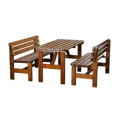 Set mobilier gradina DacEnergy©, o masa si 2 banci cu spatar, forma dreptunghiulara, din lemn de molid masiv, partial montat, 150 x 70 x 74 cm, maro inchis-Dacenergy.ro