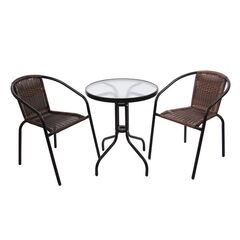 Set mobilier gradina DacEnergy©, realizat din metal si ratan sintetic, masa rotunda si doua scaune, culoare maro-Dacenergy.ro