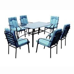 Set masa dreptunghiulara DacEnergy©, structura din otel, blat de sticla, 6 scaune cu perne, 150 x 90 x 72 cm, albastru-Dacenergy.ro