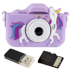 ​Aparat foto digital pentru copii Unicorn DacEnergy©, ecran de 2 inch, Selfie, rezolutie 1080P, jocuri, card 32 GB si cititor de card, snur de transport, violet, Culoare: Violet-Dacenergy.ro