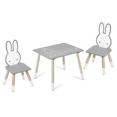 Set masa cu doua scaune pentru copii, din lemn si placa MDF solida, scaunele au forma unui iepuras zambitor, cu alfabet inscriptionat pe masa, gri si natur, Culoare: Gri, Natur-Dacenergy.ro
