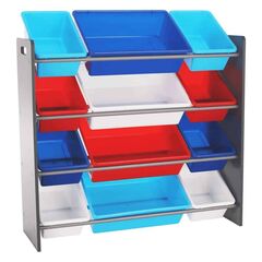 Organizator de jucarii DacEnergy©, 12 cutii de depozitare, plastic, practic, structura robusta, din Mdf, 86 x 26,5 x 78 cm, albastru, Culoare: Albastru-Dacenergy.ro