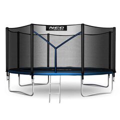 Trambulina de gradina, cu plasa de exterior, scara metalica, 2 trepte, 4 picioare duble, 80 arcuri de prindere, diametru 435 cm, negru si albastru, Culoare: Albastru, Negru,  Diametru: 435 cm-Dacenergy.ro