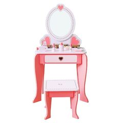 Set de toaleta pentru copii cu masuta si scaun DacEnergy©, fabricat din MDF si lemn, cu sertare, cu oglinda, accesorii incluse, 49 x34 x97 cm, roz inchis, Culoare: Roz inchis-Dacenergy.ro