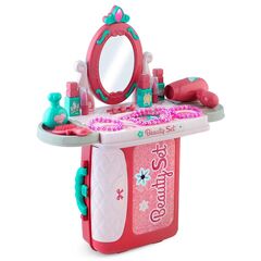 ​Set masuta de machiaj pentru fetite , realizata din plastic, cu oglinda, numeroase accesorii, uscator, perie, inele, parfum, ruj, lac de unghii, 42 x 20,5 x 54,5 cm, tip valiza, Culoare: Multicolor-Dacenergy.ro