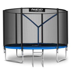Trambulina de gradina, cu plasa de exterior, scara metalica, 2 trepte, 3 picioare duble, 42 arcuri de prindere, diametru 252 cm, negru si albastru, Culoare: Albastru, Negru,  Diametru: 252 cm-Dacenergy.ro