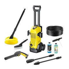 ​Aparat de spalat cu presiune, 1600 W, debit maxim 380 l/h, 120 bari, lungime furtun 6 m, 24.2 X 28.5 X 80.5 cm, galben + detergent-Dacenergy.ro