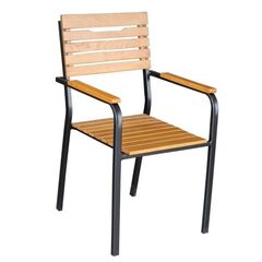 ​Scaun gradina DacEnergy©, metal si lemn de frasin, cu brate, rezistent la umezeala si UV, 60x54.5x93 cm, negru si maro, Continut pachet	: 1 x Scaun, Latime: 54.5 cm, Culoare: Maro, Negru-Dacenergy.ro