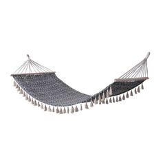​Hamac DacEnergy©, cu bare din lemn, confectionat din bumbac si poliester, cu franjuri crem, 200 x 100 cm, Culoare: Gri , Crem-Dacenergy.ro