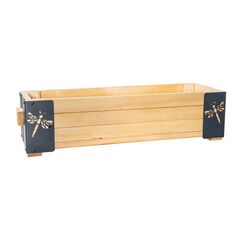 Jardiniera din lemn, cu insertii metalice in forma de libelule, interior/exterior, forma dreptunghiulara, 80 x 20 x 27 cm, natur si gri, Model: Libelule, Forma: Dreptunghi-Dacenergy.ro