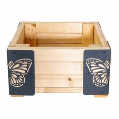 Jardiniera din lemn, cu insertii metalice in forma de fluturi, interior/exterior, forma patrata, 38 x 38 x 20 cm, natur si gri, Model: Fluturi, Forma: Patrat-Dacenergy.ro