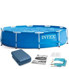 ​Piscina cu cadru, material PVC durabil cu 3 straturi, usor de asamblat, forma rotunda, cu capac, capacitate 4485 l, 305 x 76 cm, albastra-Dacenergy.ro