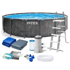 ​Piscina cu cadru, material PVC durabil cu 3 straturi, cu pompa de filtru, scara metalica, prelata si folie, 16805 litri, 457 x 122 cm, gri inchis-Dacenergy.ro