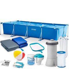 ​Piscina cu cadru, realizata din material PVC durabil cu 3 straturi, capacitate 7127 l, dreptunghiulara, pompa de filtru, filtru pompa, prelata si covoras, minge de plaja, 450 x 220 x 84 cm, albastra ​-Dacenergy.ro