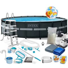 ​Piscina cu cadru, material PVC durabil cu 3 straturi, pompa de filtru, nisip de filtrare, scara metalica sigura, prelata si folie, 26423 l, skimmer, kit de curatare, bandere de inot, minge, 549 x 132 cm, negru-Dacenergy.ro
