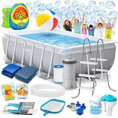 ​Piscina cu cadru, material PVC durabil cu 3 straturi, pompa de filtru, filtru, scara metalica, prelata si folie, aripioare de inot, minge, forma dreptunghiulara, 3539 litri, 300 x 175 x 80 cm-Dacenergy.ro