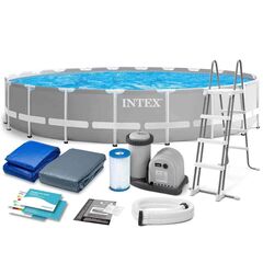 ​Piscina cu cadru, material PVC durabil cu 3 straturi, pompa de filtru, scara metalica sigura, prelata si folie, rotunda, 32695 litri, 610 x 132 cm, gri-Dacenergy.ro