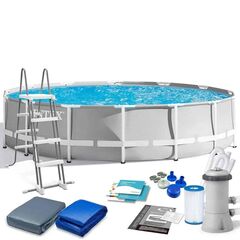 Piscina cu cadru, material PVC durabil cu 3 straturi, pompa de filtru, scara metalica sigura, prelata si folie, rotunda, 16805 litri, 457 x 122 cm, gri-Dacenergy.ro
