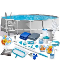 ​Piscina cu cadru, material PVC durabil cu 3 straturi, pompa de filtru, scara metalica, prelata si folie, skimmer, kit de curatare cu aspirator, rotunda, aripioare de inot, minge, 16805 litri, 457 x 122 cm-Dacenergy.ro