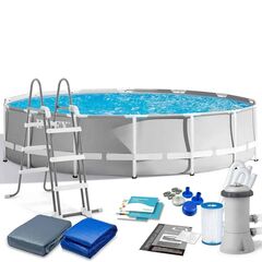 ​Piscina cu cadru, material PVC durabil cu 3 straturi, pompa de filtru, filtru pompa, scara metalica sigura, prelata si folie, rotunda, 12706 litri, 427 x 107 cm, gri-Dacenergy.ro