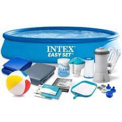 ​Piscina, realizata din material PVC durabil cu 3 straturi, pompa de filtru, filtru, kit de reparare, prelata si folie, cu minge, 457 x 84 cm, 9792 litri, albastru-Dacenergy.ro