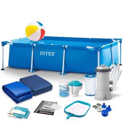 ​Piscina cu cadru, realizata din material PVC durabil cu 3 straturi, capacitate 2282 l, dreptunghiulara, pompa de filtru, prelata si covoras, minge de plaja, 260 x 160 x 65 cm, albastra-Dacenergy.ro