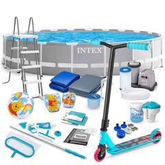Piscina cu cadru, material PVC durabil cu 3 straturi, pompa de filtru, scara metalica sigura, prelata si folie, rotunda, kit de curatare, aspirator, skimmer, 32695 litri, 610 x 132 cm, gri ​-Dacenergy.ro
