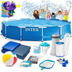 ​Piscina cu cadru, material PVC durabil cu 3 straturi, usor de asamblat, forma rotunda, pompa de filtru, filtru pompa, prelata si folie, capacitate 6503 l, 366 x 76 cm, albastra-Dacenergy.ro