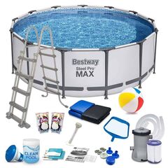 ​Piscina cu cadru metalic, material PVC, pompa de filtrare, filtru pompa tip II, scara, folie si prelata, minge, aripioare de inot, capacitate 12690 litri, forma rotunda, 396 x 122 cm-Dacenergy.ro