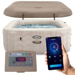 ​Piscina gonflabila cu hidromasaj Intex, jacuzzi, pompa de filtrare incorporata, prelata, apa incalzita pana la 40°, panou de control, 6 persoane, 1098 litri, 196 x 71 cm, crem-Dacenergy.ro