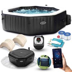 ​Piscina gonflabila cu hidromasaj Intex, jacuzzi, pompa de filtrare incorporata, 6 persoane, 2 tetiere, cu aplicatie, panou de control, apa incalzita pana la 40°, prelata si folie, 1098 litri, 218 x 71 cm-Dacenergy.ro