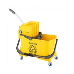 Carucior de curatenie DacEnergy©, plastic durabil, capacitate dubla, 10 si 24 l, storcator profesional pentru mop, patru roti, maner ergonomic, galben, Culoare: Galben-Dacenergy.ro