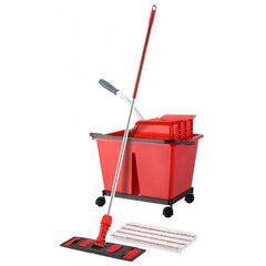 Set de curatenie profesional DacEnergy©, maner din aluminiu, mop plat din microfibra cu lungimea de 40 cm, storcator tip presa, galeata cu 2 compartimente, rosu, Culoare: Rosu-Dacenergy.ro