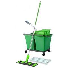 ​Set de curatenie profesional DacEnergy©, maner din aluminiu, mop plat din microfibra cu lungimea de 40 cm, storcator tip presa, galeata cu 2 compartimente, verde, Culoare: Verde-Dacenergy.ro