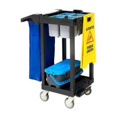 Carucior pentru curatenie DacEnergy©, 4 galeti de 5 L cu site pentru dozare, 1 galeata etansa de 10 L , cadru sac cu capac, maner ergonomic pentru impingere-Dacenergy.ro